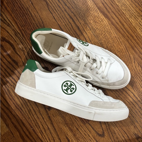 Tory Burch Color Block Signature T-Logo Leather Sneaker Shoes PREOWNED Size 9.5 - Picture 1 of 6